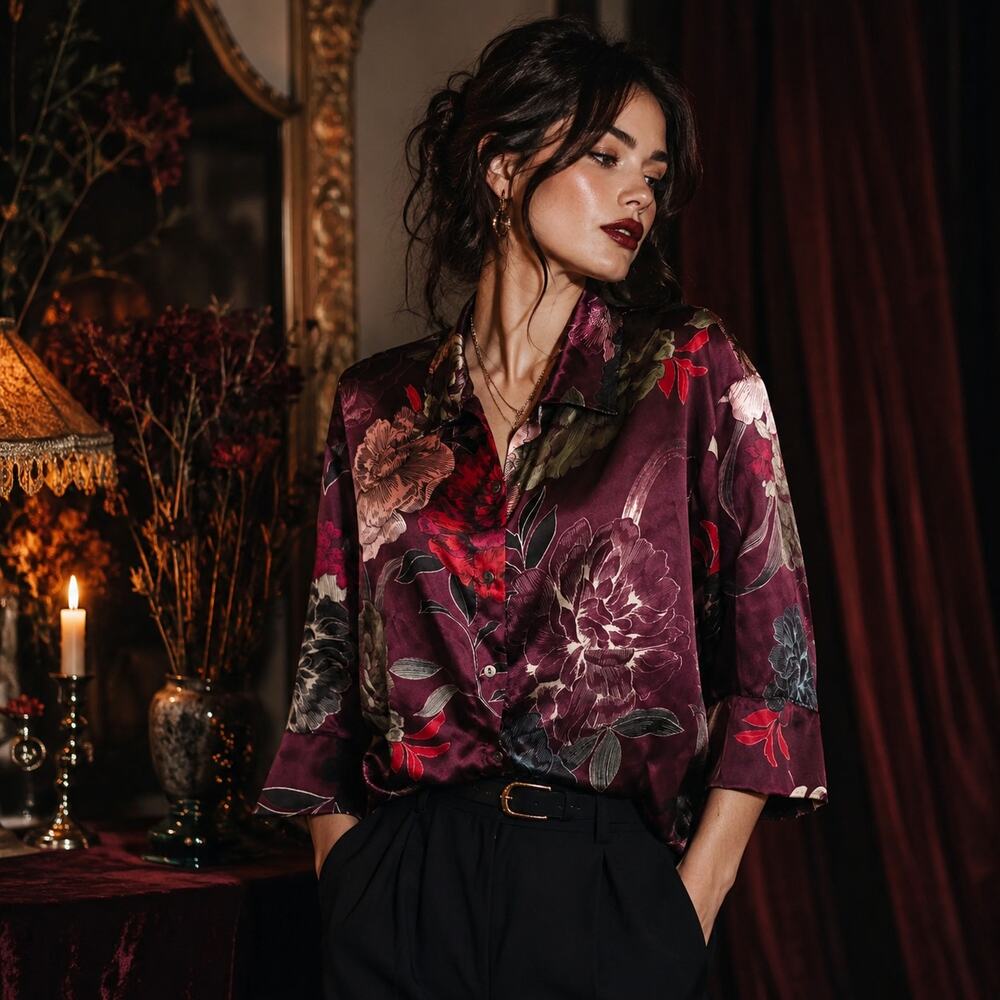 Joyspun Satin Sleep Top Medium Burgundy Floral Button Front Romantic Cottagecore - Picture 2 of 15